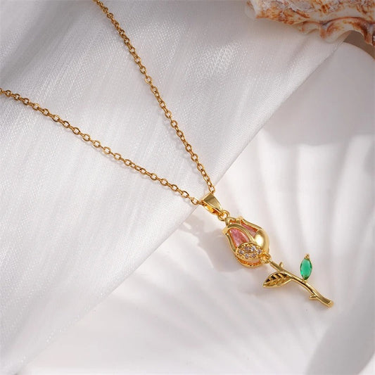 Vintage Gold Pink Tulip Pendant Necklace-Mialla Jewelry