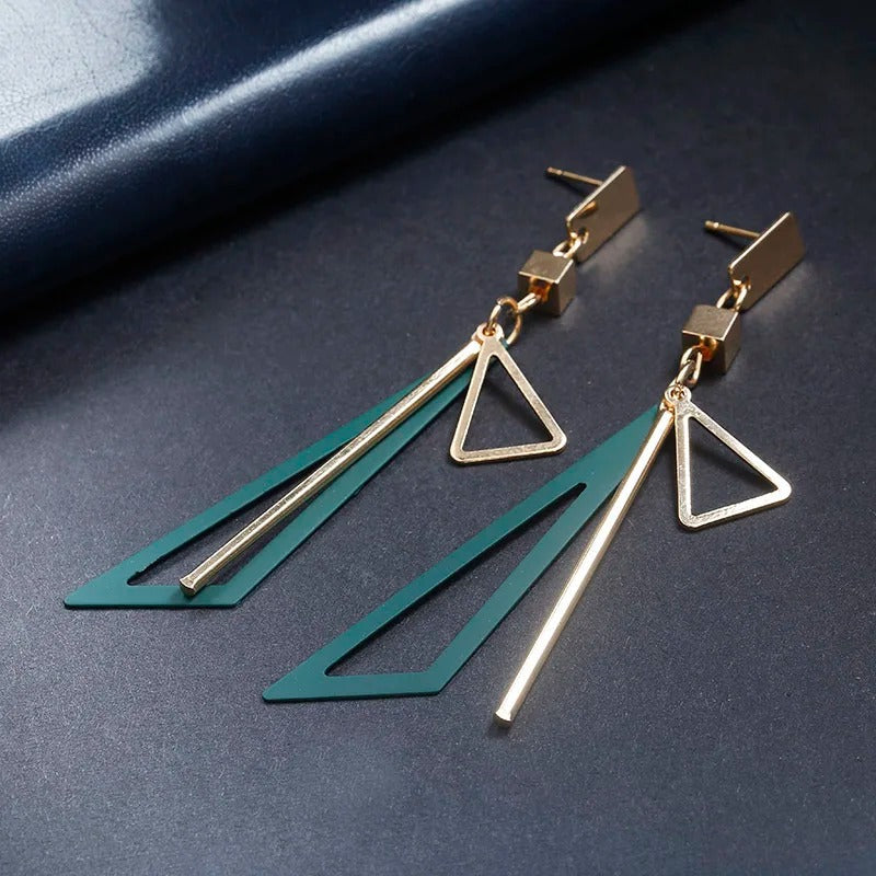 Vintage Gold Green Triangle Bar Drop Earrings-Mialla Jewelry
