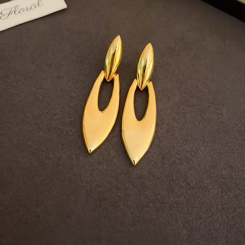 Classic Gold Sleek Leaf Shape Drop Earrings-Mialla Jewelry