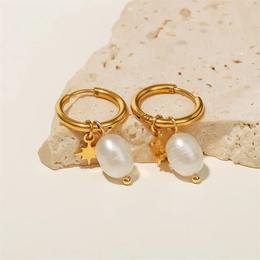 Vintage Gold Star Charm & White Pearl Hoop Earrings-Mialla Jewelry