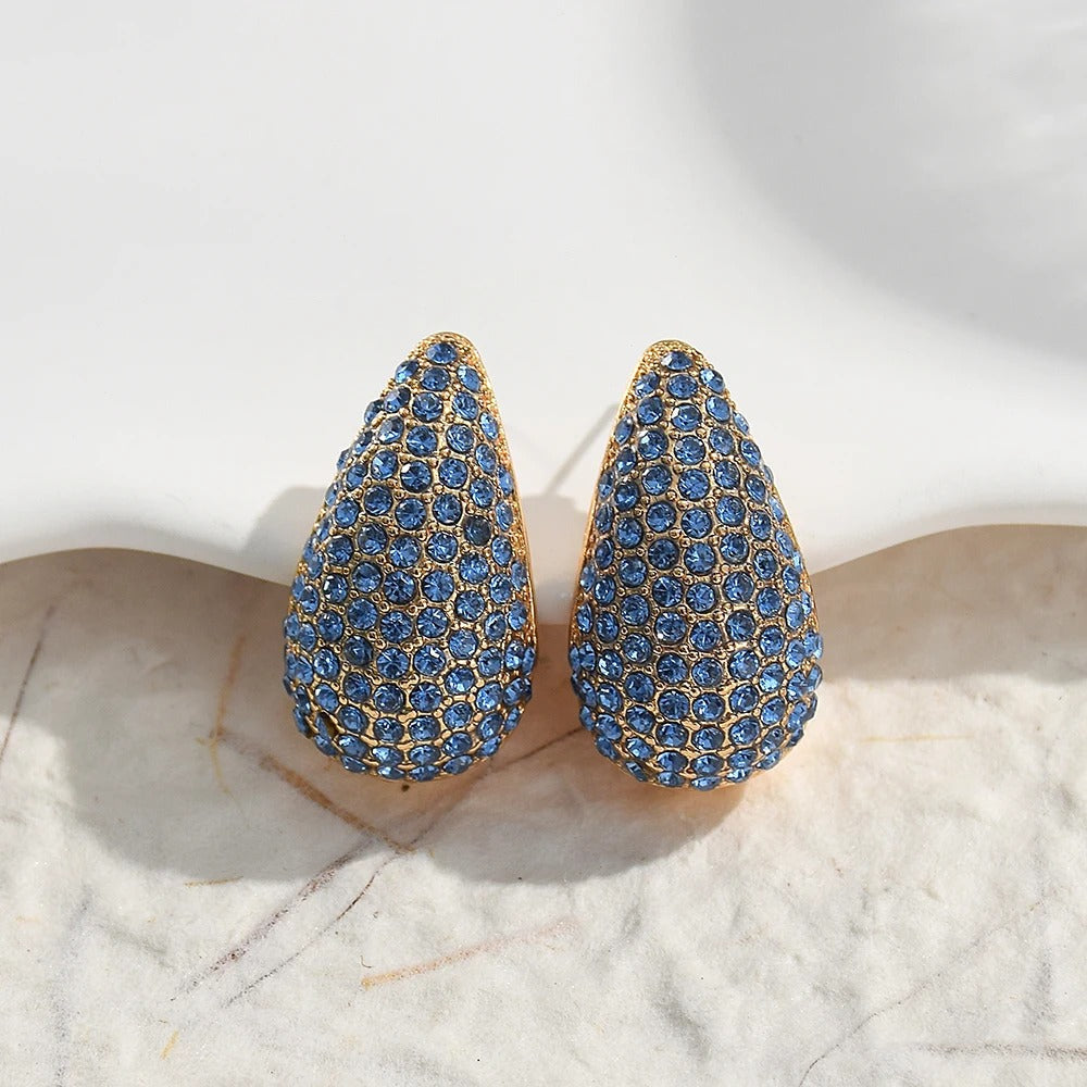 Vintage Gold & Blue Crystal Pave Earrings-Mialla Jewelry