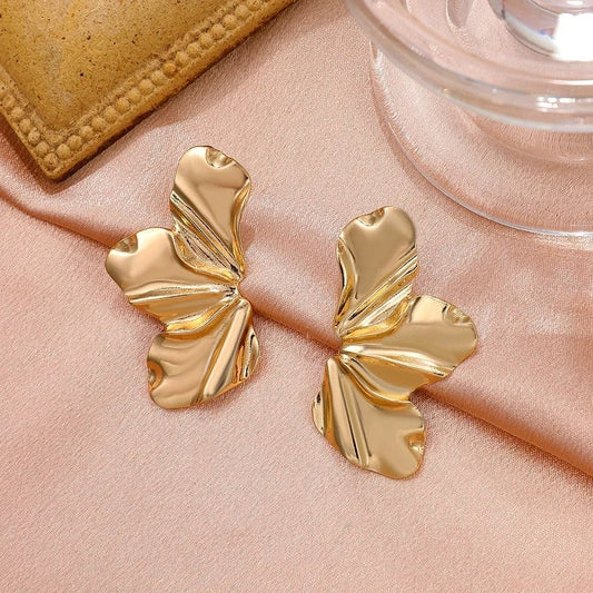 Vintage Gold Petal-Shaped Glossy Earrings-Mialla Jewelry