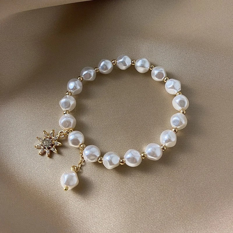 Gold White Pearl & Sunflower Pendant Bracelet-Mialla Jewelry