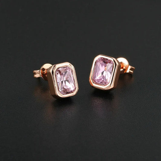 Classic Rose Gold Pink Rectangular-Cut Design Earrings-Mialla Jewelry