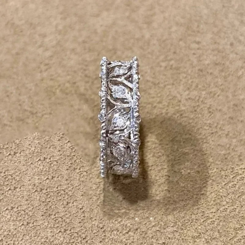 Vintage Silver & Diamond Carved Leaf Adjustable Ring-Mialla Jewelry