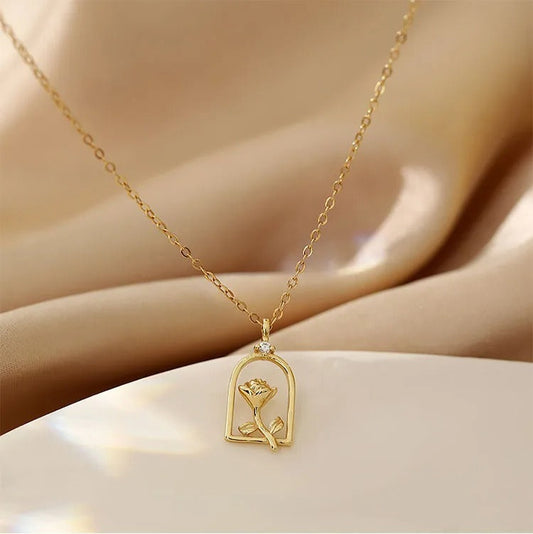 Vintage Gold Arch Frame Rose Pendant Necklace-Mialla Jewelry