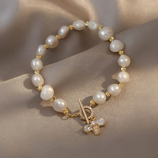 Gold & Pearl Crystal Butterfly Charm Bracelet-Mialla Jewelry