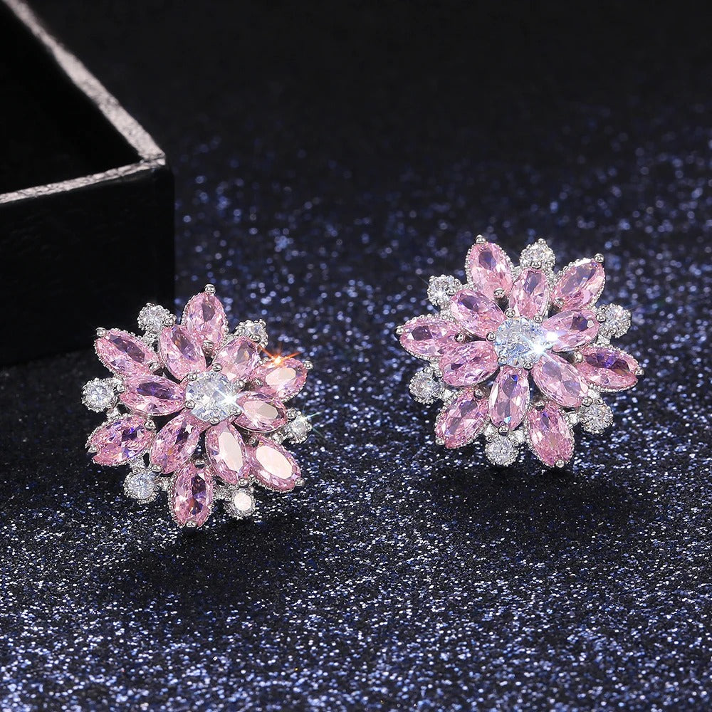 Flower Shape Pink & White Crystal Earrings-Mialla Jewelry