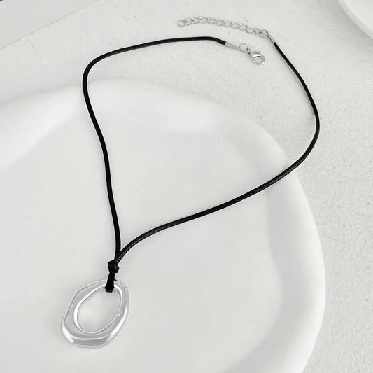 Silver Abstract Shape Pendant & Black Cord Necklace-Mialla Jewelry