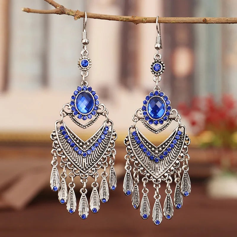 Vintage Silver & Blue Crystal Tassel Earrings-Mialla Jewelry