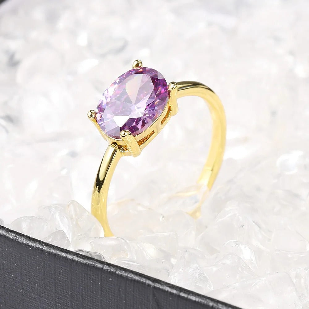 Gold Radiant Oval Purple Gem & Polished Band Ring-Mialla Jewelry