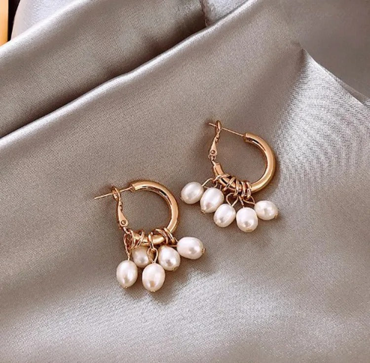 Vintage Gold & Pearl Drop Hoop Earrings-Mialla Jewelry