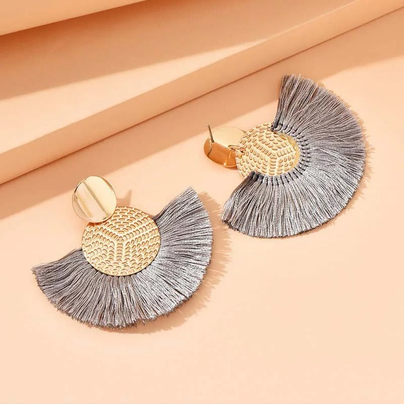 Gold Circular Top Silver Fringed Earrings-Mialla Jewelry