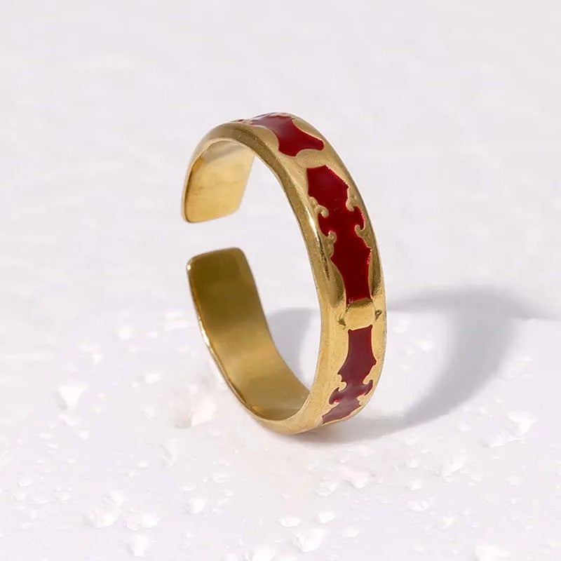 Vintage Gold Sleek Red Inlay Adjustable Ring-Mialla Jewelry