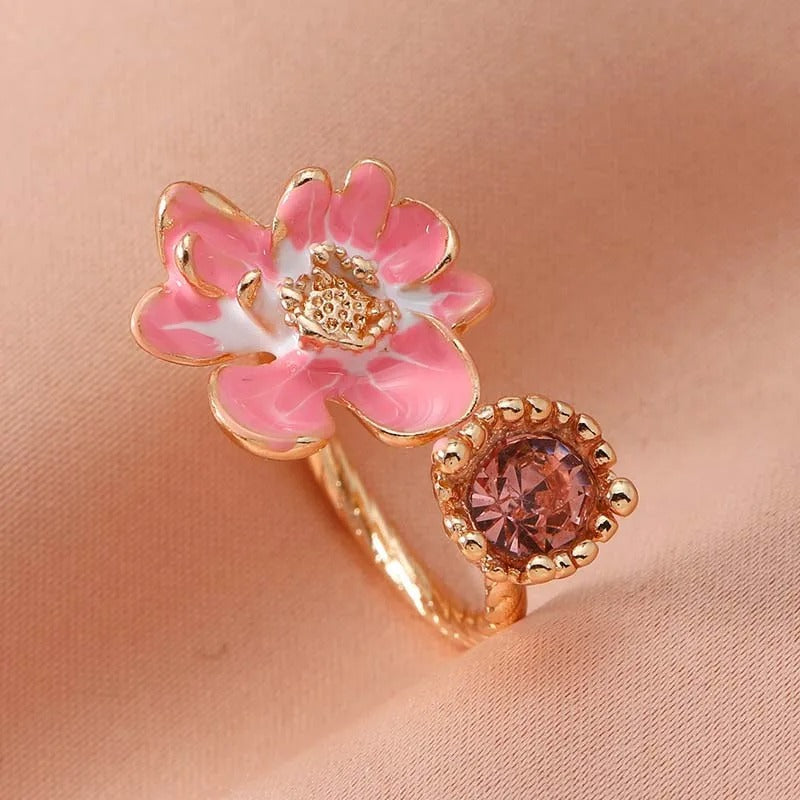 Vintage Pink Floral & Rose Gemstone Open Ring-Mialla Jewelry