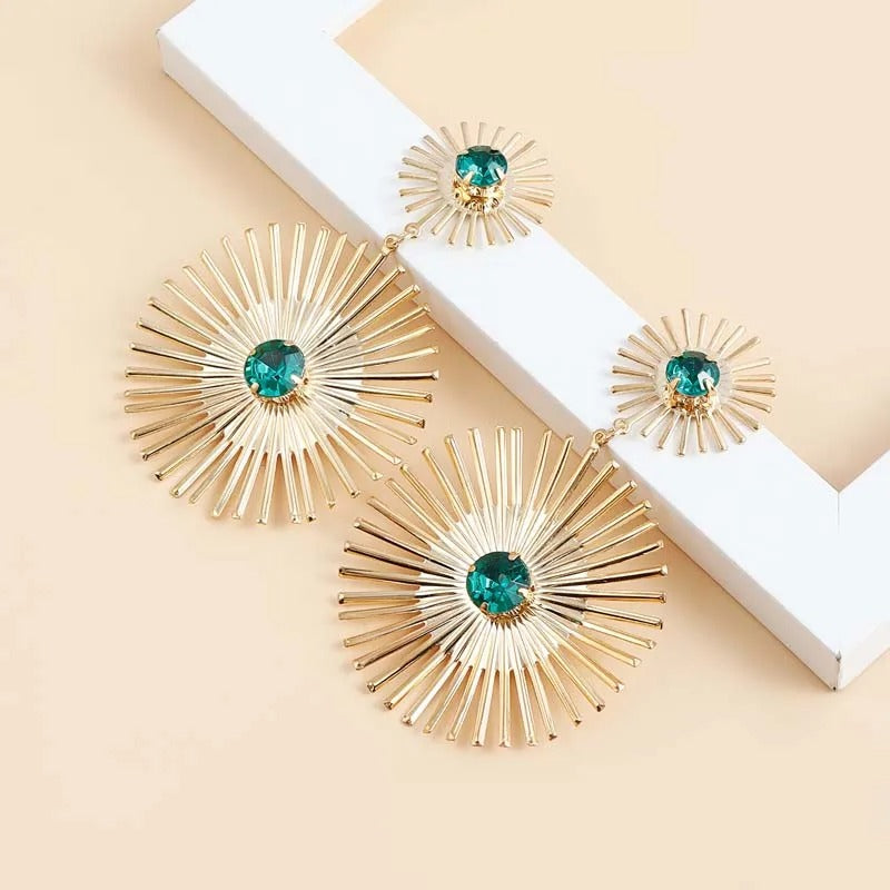 Gold Sunburst Turquoise Long Spikes Earrings-Mialla Jewelry