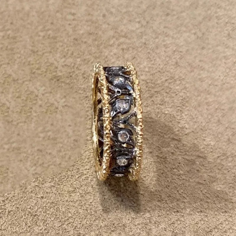 Vintage Gold & Black Carved Leaf Hollow Adjustable Ring-Mialla Jewelry