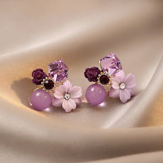 Vintage Floral & Crystal Lavender Earrings-Mialla Jewelry