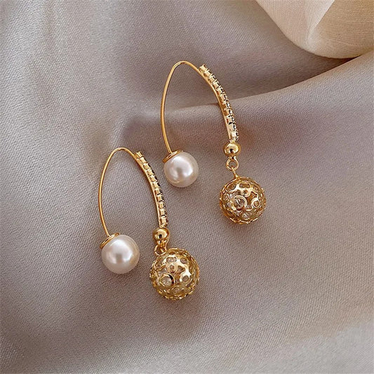 Vintage Gold & Pearl Dangle Earrings-Mialla Jewelry