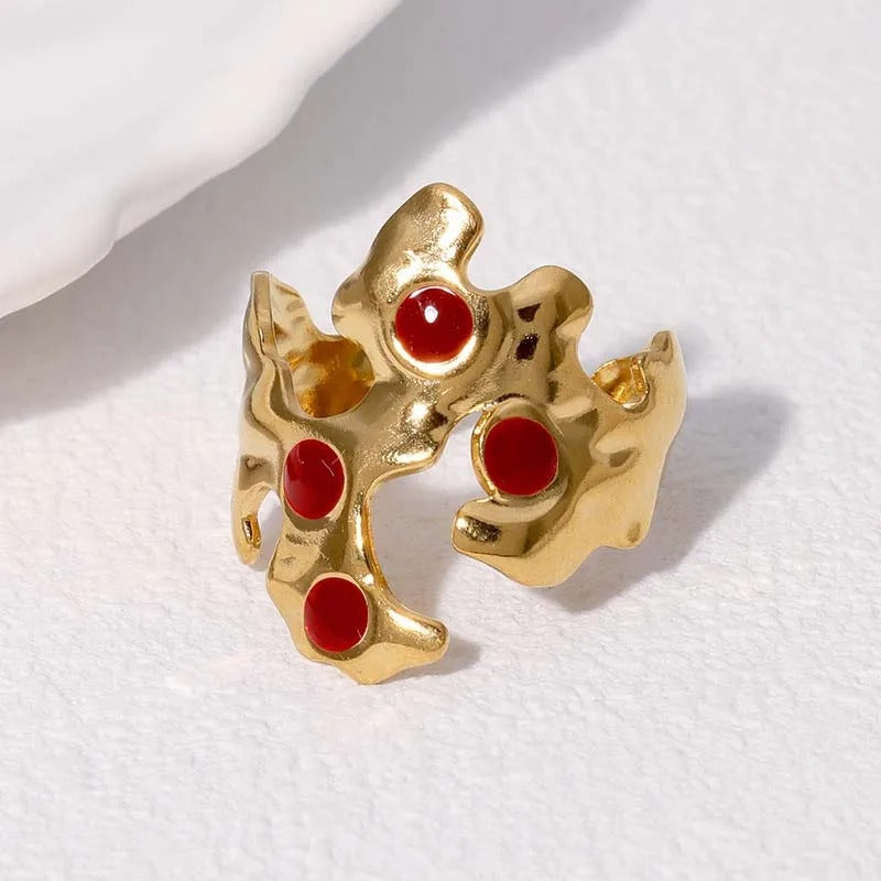 Vintage Gold Abstract Red Accent Adjustable Ring-Mialla Jewelry