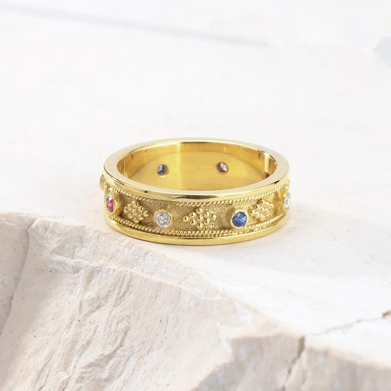 Vintage Gold Colorful Stone Band Ring-Mialla Jewelry