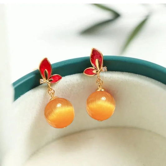 Vintage Gold & Red Butterfly Orange Teardrop Earrings-Mialla Jewelry