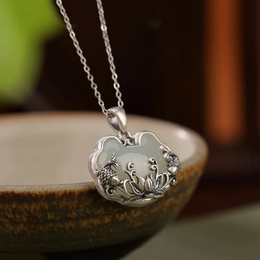 Vintage Silver Fish-Shaped Lotus Flower Necklace-Mialla Jewelry