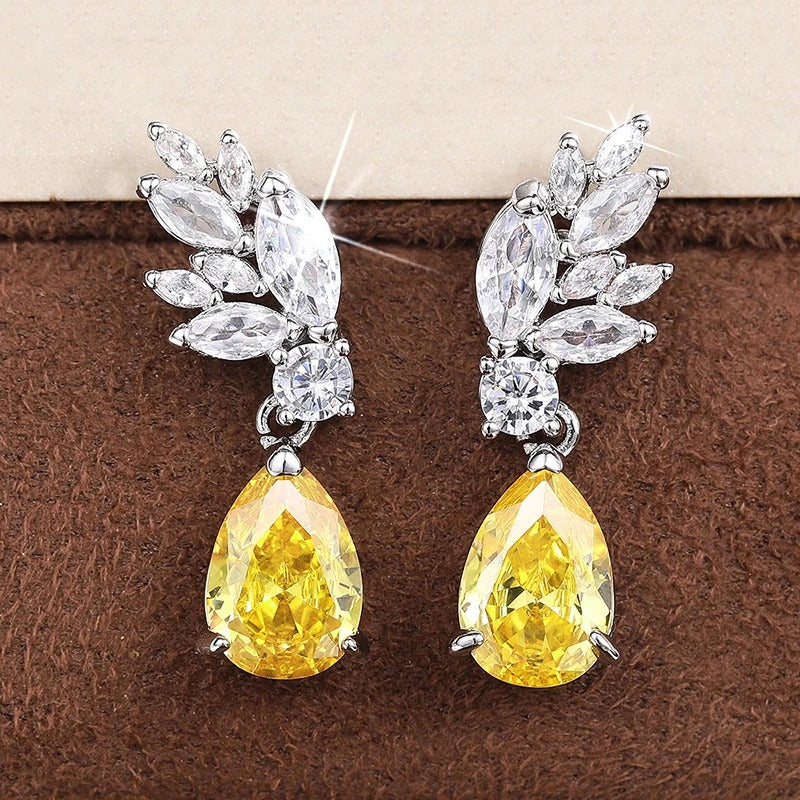 Bright Yellow Pear Zirconia Dangle Earrings-Mialla Jewelry