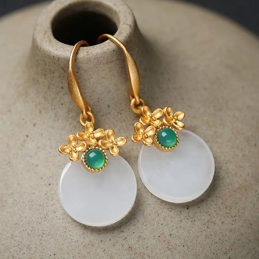 Vintage Gold & Round Green Gemstone Flower Drop Earrings-Mialla Jewelry