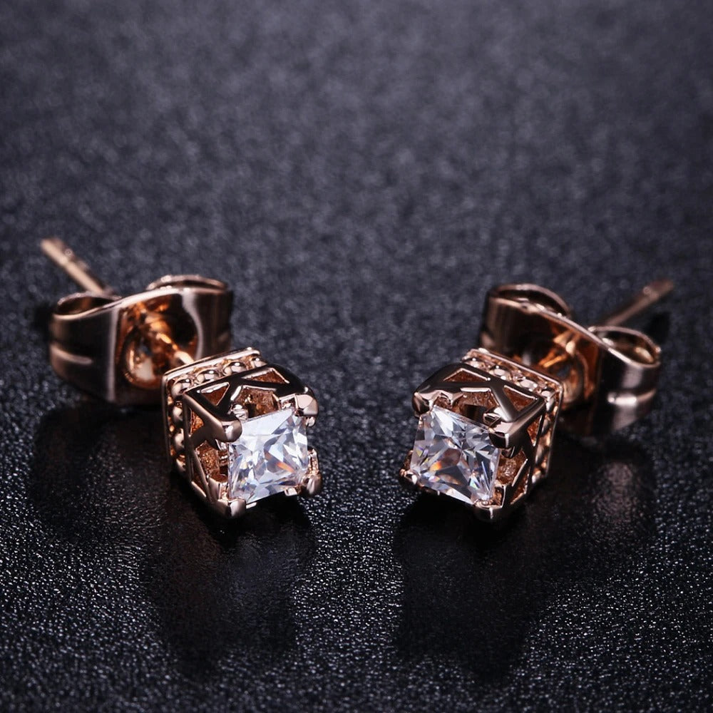 Rose Gold Princess-Cut Crystal Crown Earrings-Mialla Jewelry