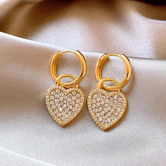Vintage Gold Crystal-Studded Heart Hoop Earrings-Mialla Jewelry