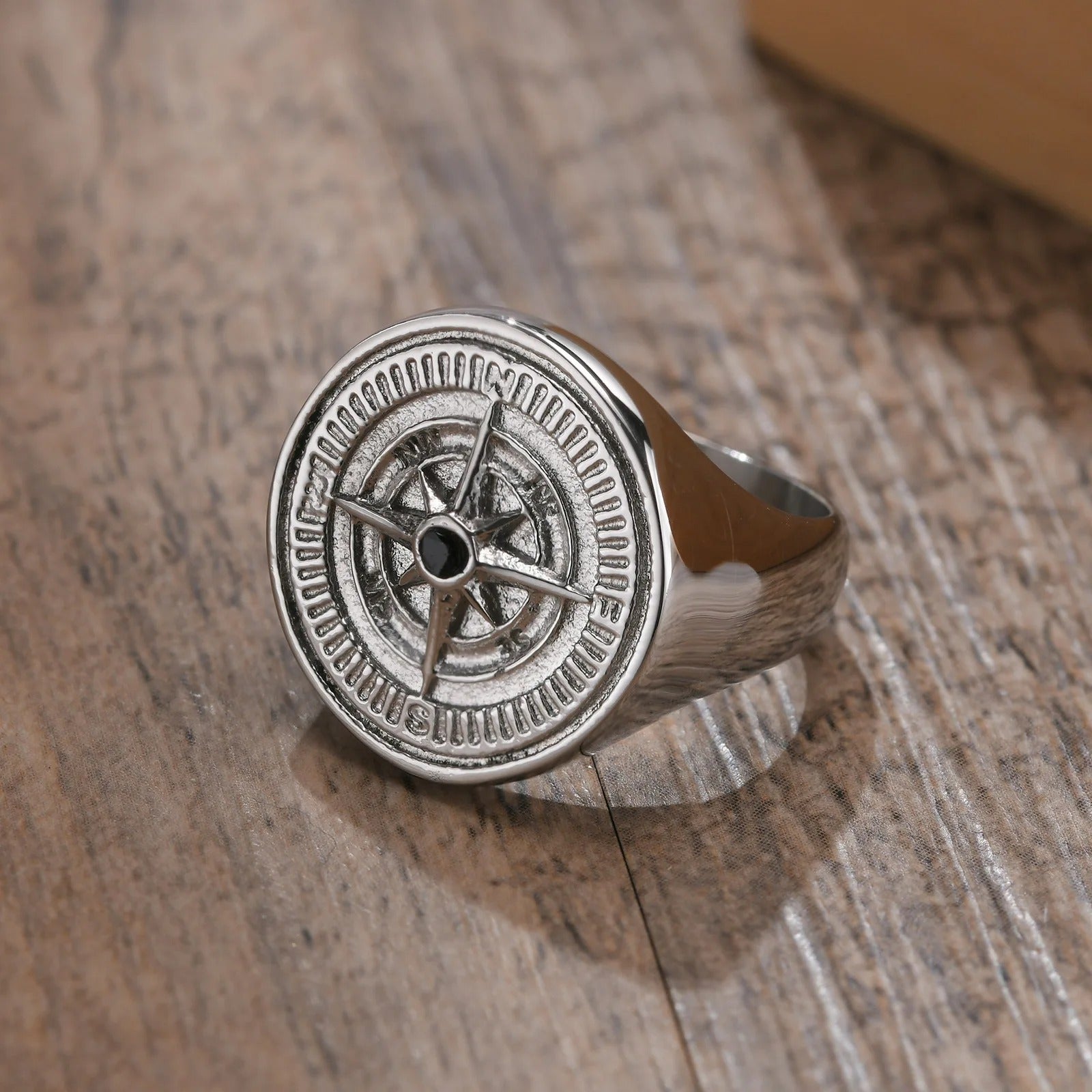 Silver Compass Wheel Design & Dark Stone Ring-Mialla Jewelry