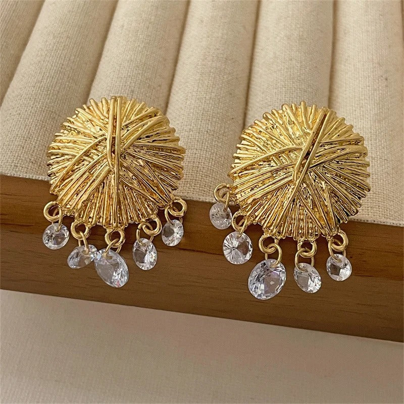 Classic Gold Textured Disc & Crystal Drop Earrings-Mialla Jewelry