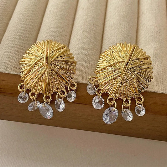 Classic Gold Textured Disc & Crystal Drop Earrings-Mialla Jewelry