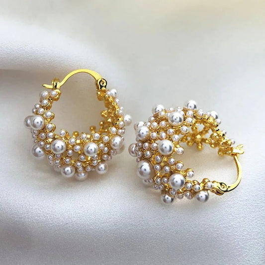 Vintage Gold Pearl Cluster Design Hoop Earrings-Mialla Jewelry