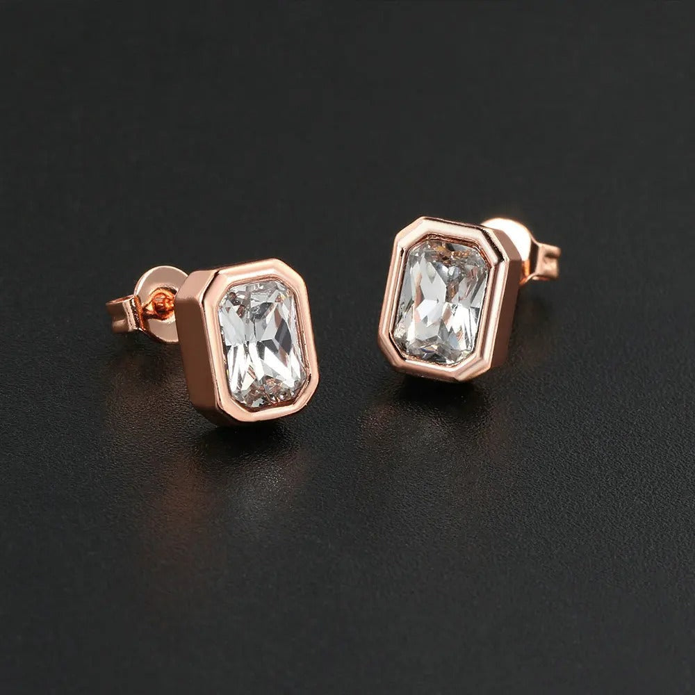 Vintage Rose Gold Rectangular-Cut Crystal Earrings-Mialla Jewelry