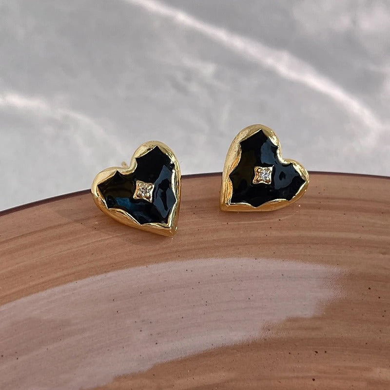 Gold Black Heart Diamond Stud Earrings-Mialla Jewelry