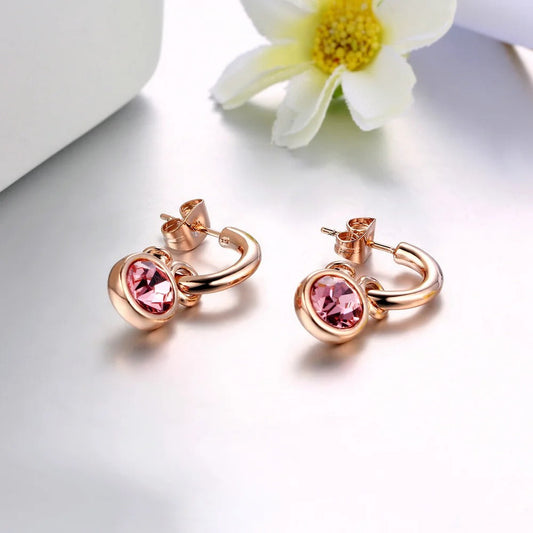 Vintage Rose Gold Pink Crystal Drop Hoop Earrings-Mialla Jewelry