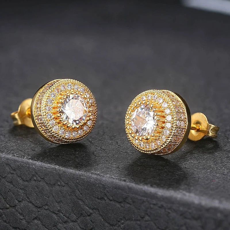Classic Gold Crystal Halo Design Stud Earrings-Mialla Jewelry