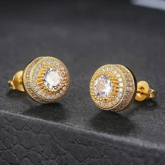 Classic Gold Crystal Halo Design Stud Earrings-Mialla Jewelry