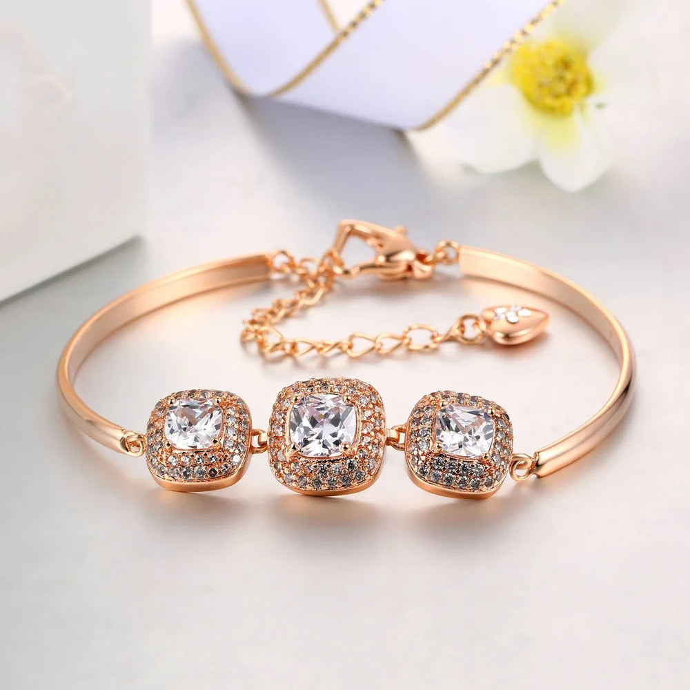 Vintage Rose Gold Triple Crystal Square Design Bracelet-Mialla Jewelry