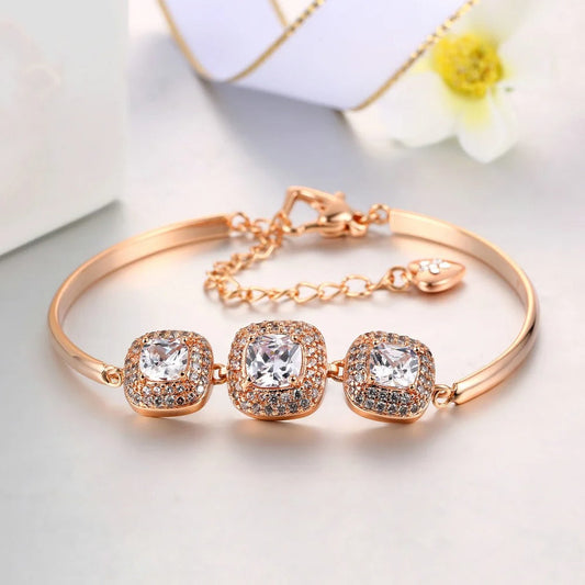 Vintage Rose Gold Triple Crystal Square Design Bracelet-Mialla Jewelry