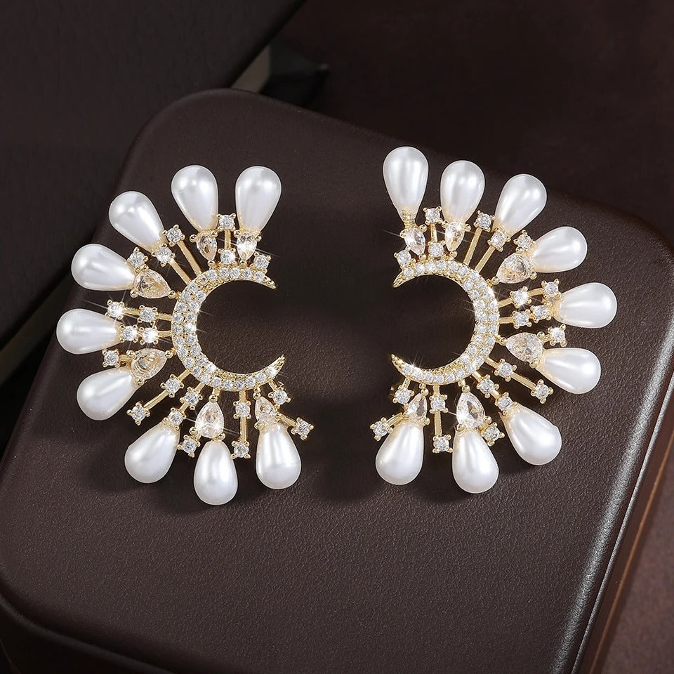 Gold Vintage Pearl Teardrop Moon Earrings-Mialla Jewelry