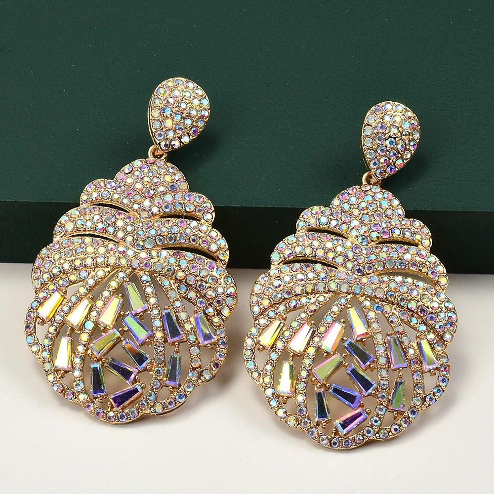 Gold Vintage Seashell Shaped Crystal Earrings-Mialla Jewelry