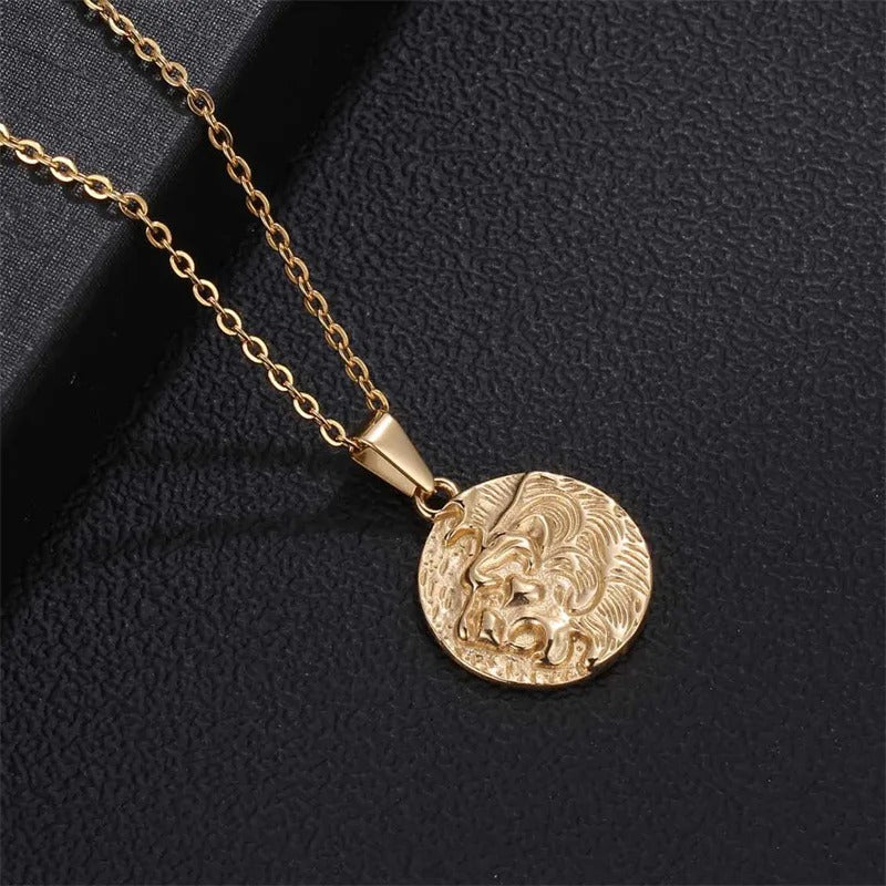 Classic Gold Engraved Lion Head Coin Pendant Necklace-Mialla Jewelry