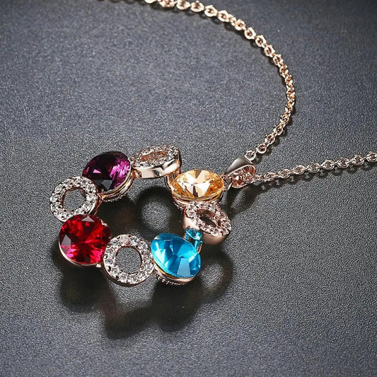 Rose Gold Colorful Crystal Circle Pendant Necklace-Mialla Jewelry