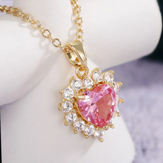 Vintage Gold Pink Heart & Crystal Necklace-Mialla Jewelry