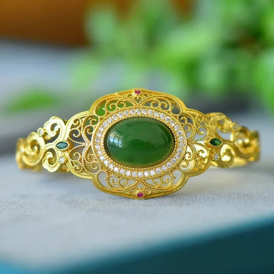 Timeless Gold Green Gem & Scrolling Floral Design Bracelet-Mialla Jewelry