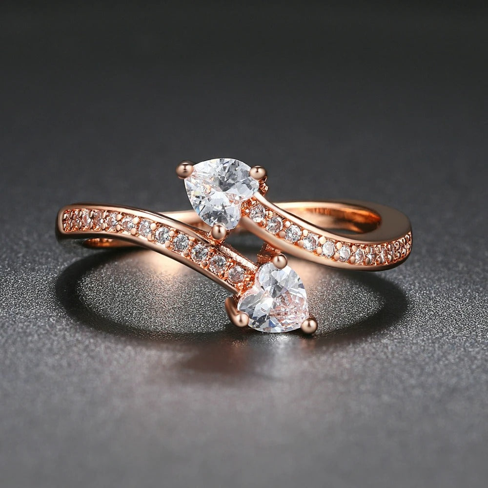 Rose Gold Two Heart Crystals & Paved Crystal Band Ring-Mialla Jewelry
