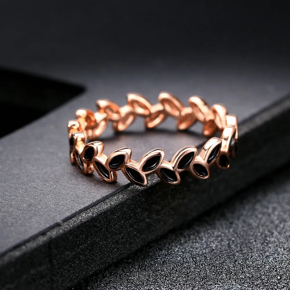 Rose Gold Leaf Motif & Black Accent Ring-Mialla Jewelry